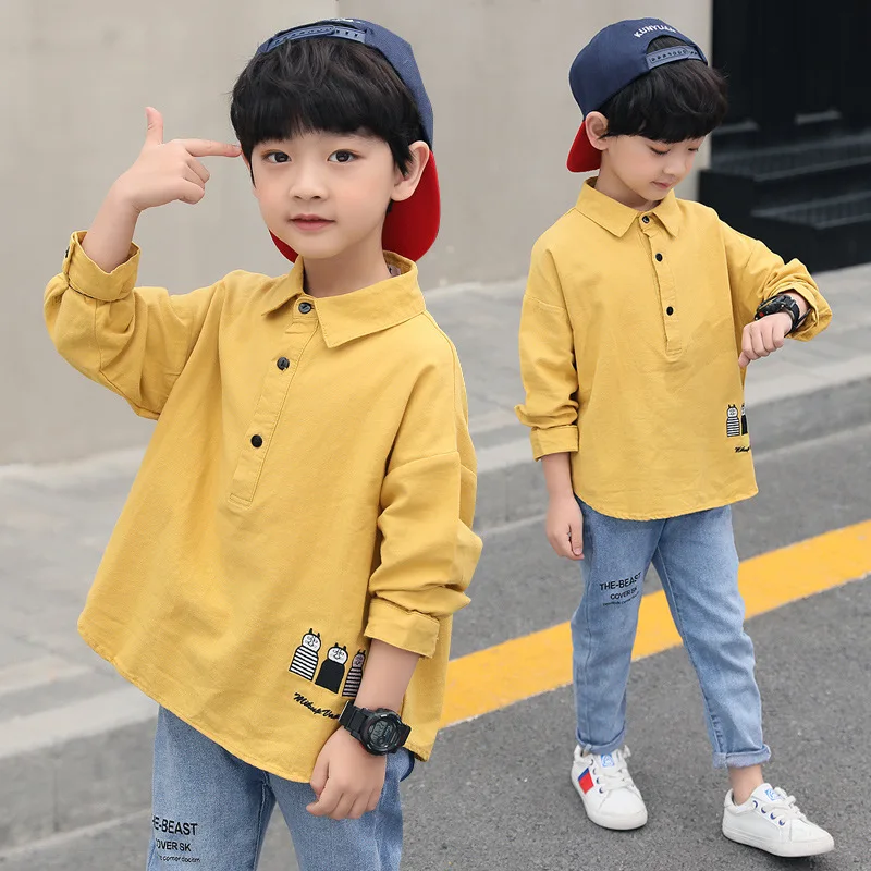 

Korean Spring Boy Shirts Long Sleeve Turn-down Collar Yellow Tops Autumn Children Birthday Shirt Fashion Cartoon Clothes 4 8 12Y
