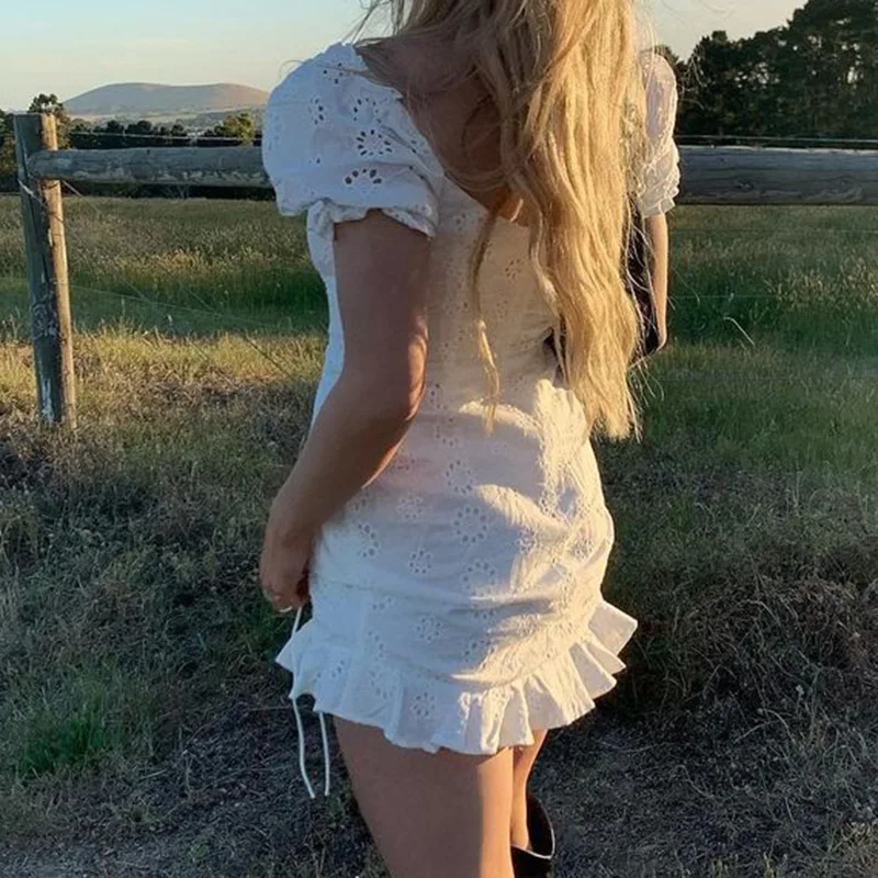 

Vintage White Dress for womens 2021 spring new mini dresswomen's sexy V-neck drawstring jacquard waist slim dress women vestidos