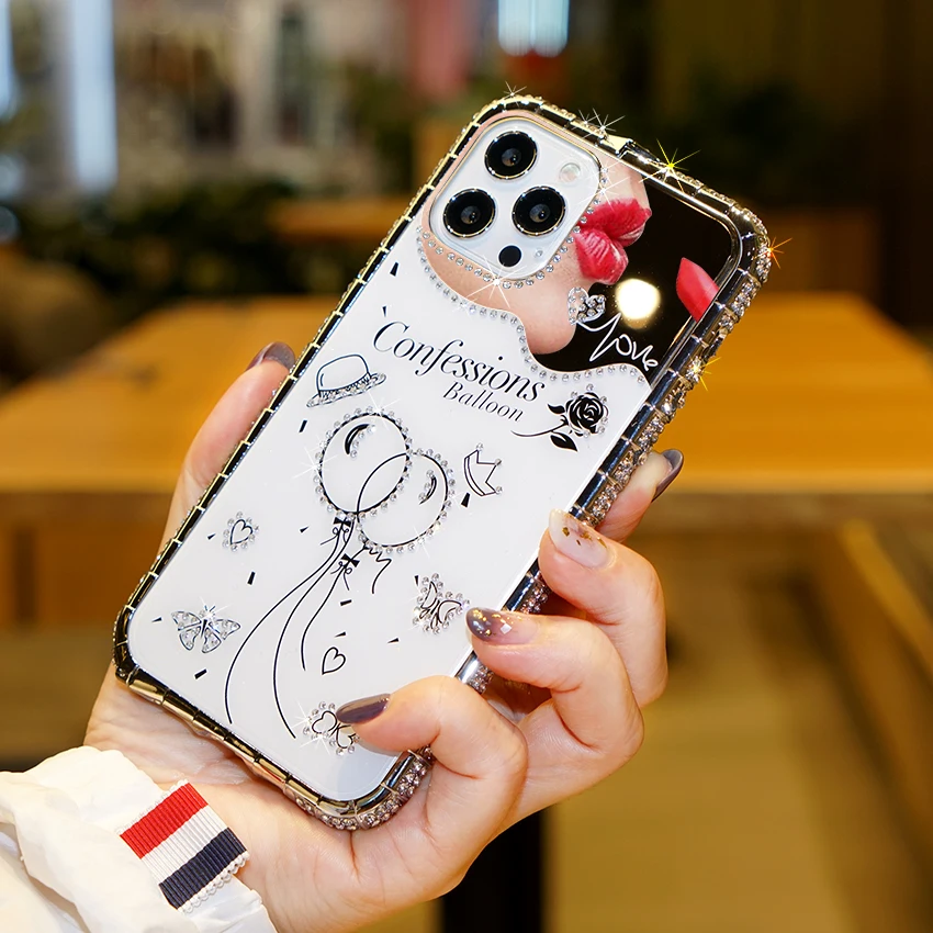 

For iPhone 11 12 Pro Max 12 Mini X XR XS Case Bling Diamond Bumper Rhinestone Snake Inlay Metal Frame Mirror Makeup Back Cover