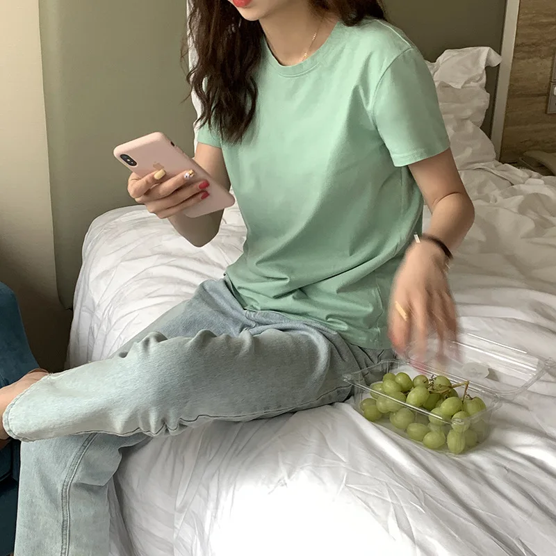 

2021 Summer Korean Version Of The Basic Cotton Solid Color Round Neck Short-Sleeved T-Shirt Women's Simple Casual Slimming Top