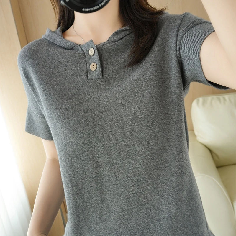 

Lafarvie Summer Cotton Women T Shirt Hooded Button Short Sleeve Caual Loose Knit Femme Tops 2021 Fashion Clothing Solid Color