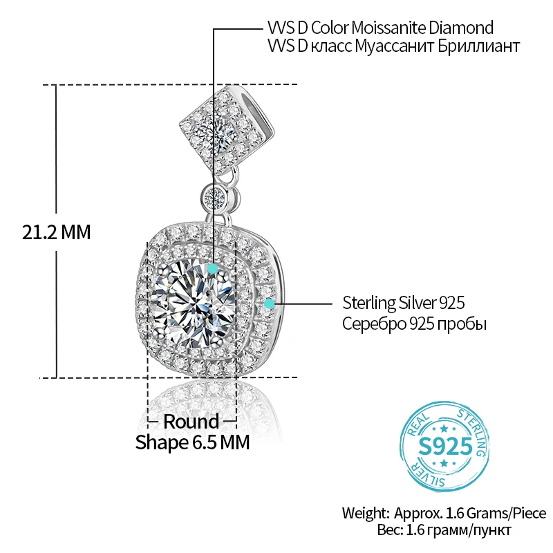 ATTAGEMS Cushion Pendant Necklace 925 Sterling Silver 1ct 6.5mm D Moissanite Diamond Test Passed Fine Jewelry Woman Girl Gift