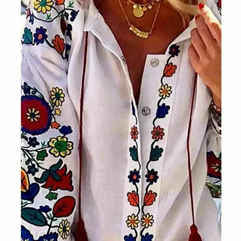 Женская блузка с длинным рукавом элегантная белая Цветочная отложным воротником