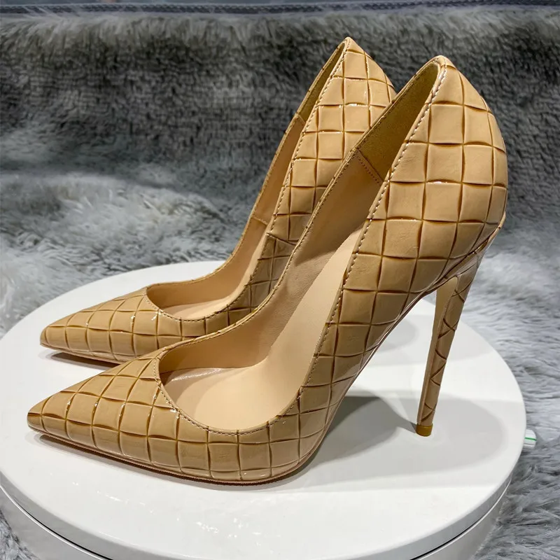 

Fashion free shipping khaki lattice Patent Leather Poined Toe Stiletto high heel shoe pump HIGH-HEELED SHOES dress shoes 12CM