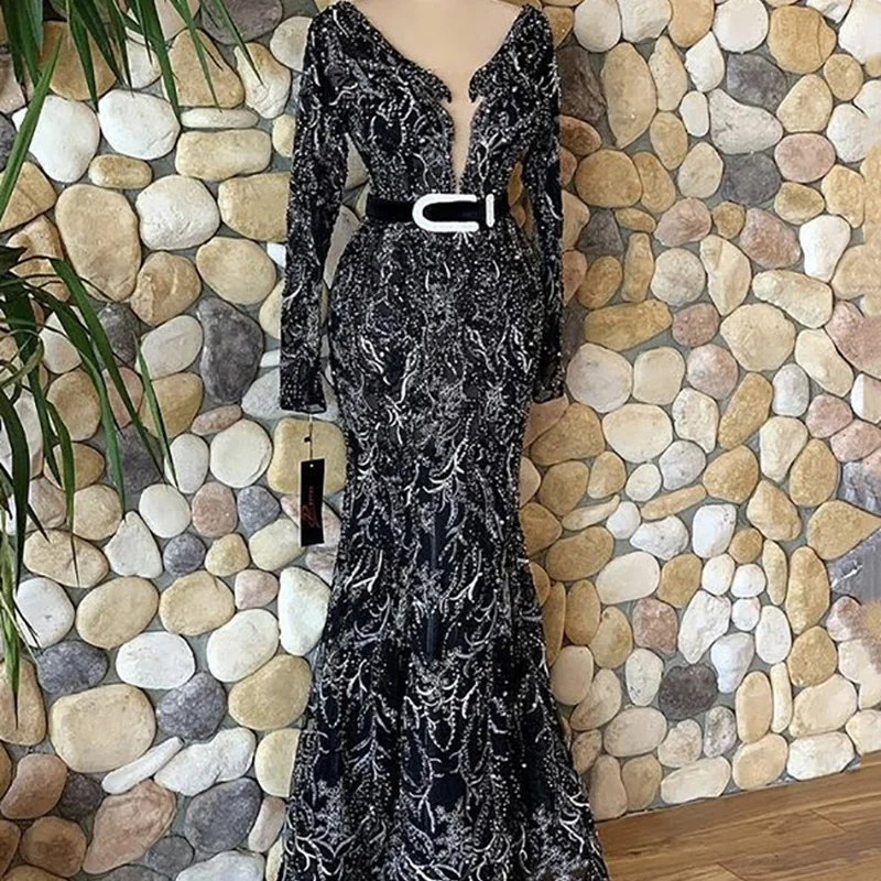 

MNGRL Luxury Evening Dress One-shoulder Long Sleeves Hand-applied Diamonds Glittering 2021 New Evening Dress Party Dress