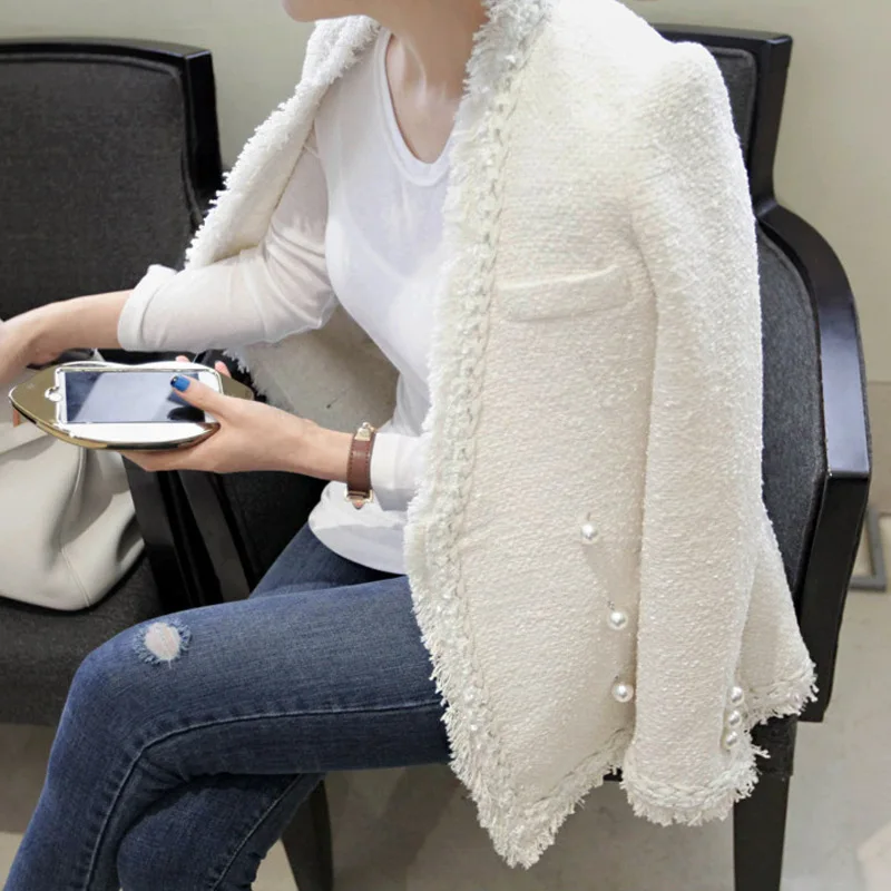 

Женская твидовая куртка с маленьким запахом на весну 2019, Корейская версия, облегающая утепленная куртка с длинным рукавом