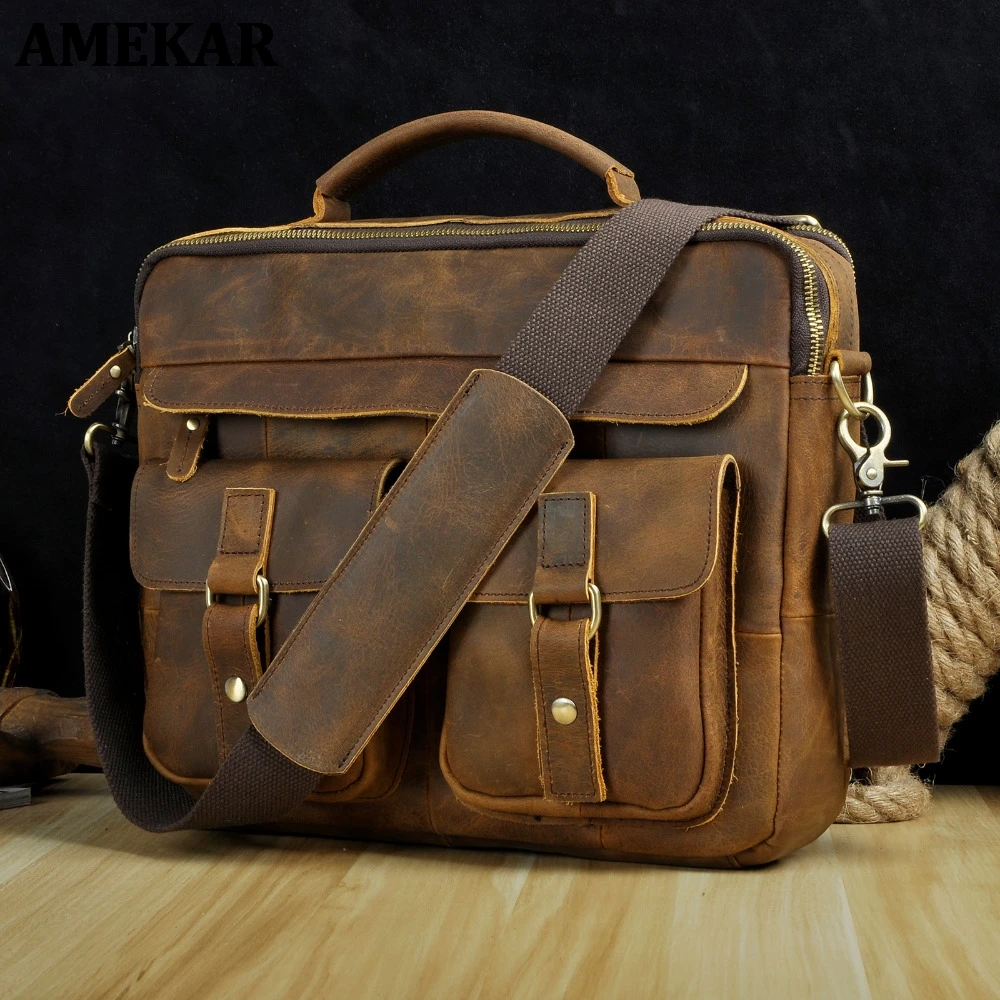 

Men Real Leather Antique Style Coffee Briefcase Business 13" Laptop Cases Attache Messenger Bags Portfolio B207-d Cow Leather
