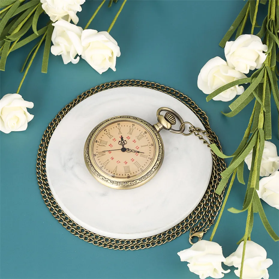 Vintage Charm Quartz Pocket Watch Roman Numerals Display Necklace Clock Fob Bronze Sweater Chain Open Face Pocket Clock Unisex