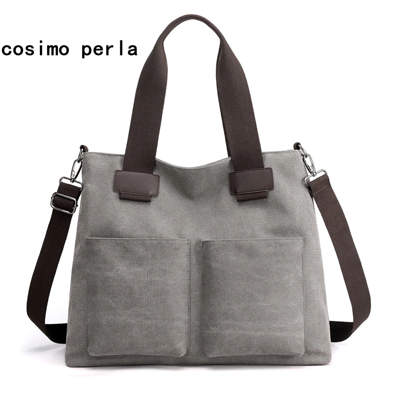 

Top Quality Retro Canvas Tote Handbags Solid Color Big Pocket Shoulder Crossbody Bags for Women Casual Shopper Bag Black Purses