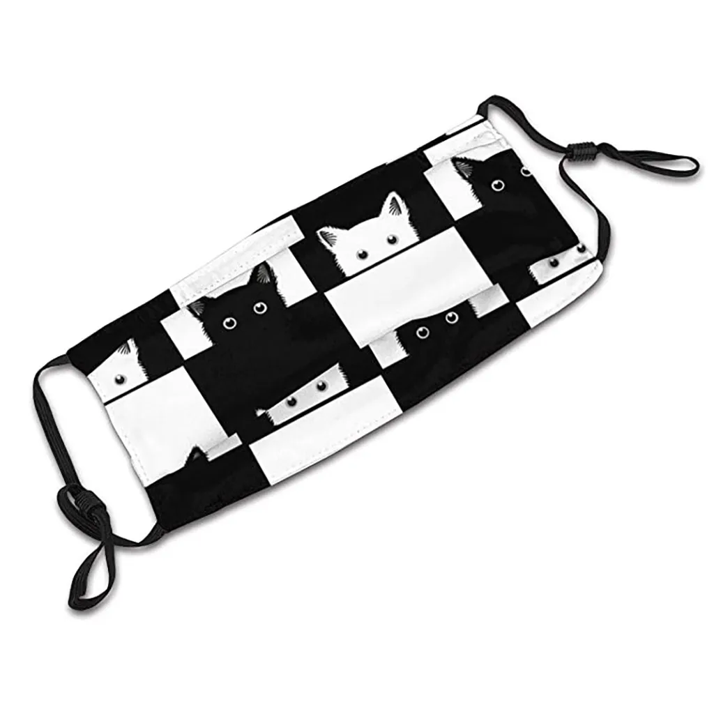 Face Mask Black And White Cats On Chess Board Design Sports Windproof Men Women Adjustable Soft Washable Printed Pattern | Спорт и