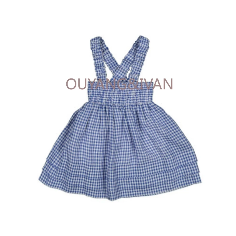 

IN STOCK2021 CS Spring and Summer Girl Plaid Dress Box Pleat Skirt Blouse Dress Suit Black Kid Cotton Linen Plaid Overalls