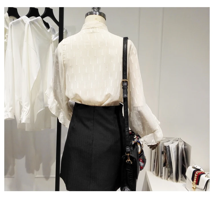 

Lace Up Bow Tie Chiffon Shirt Women's 2021 New Spring Long Sleeve Sweet Blouse Elegant Ladies Blusas Tops