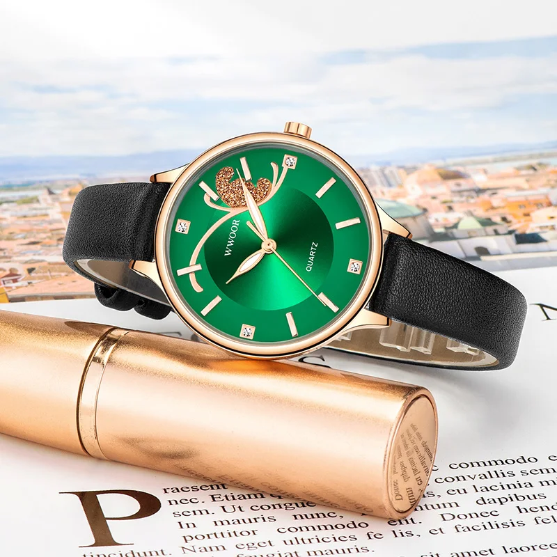 WWOOR 2022 New Designer Women Watches Top Brand Luxury Diamond Ladies Dress Watch Women Fashion Green Female Leather Reloj Mujer