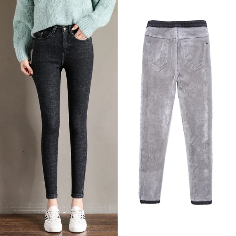 Джинсы женские бархатные теплые джинсовые брюки утепленные джинсы леггинсы