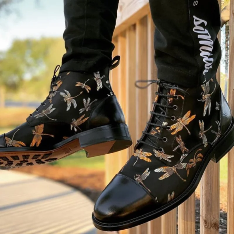 

New Men Fashion Trend Temperament All-match Dress Shoes PU Stitching Oxford Cloth Printing Round Toe Lace-up Oxford Boots 3KC604