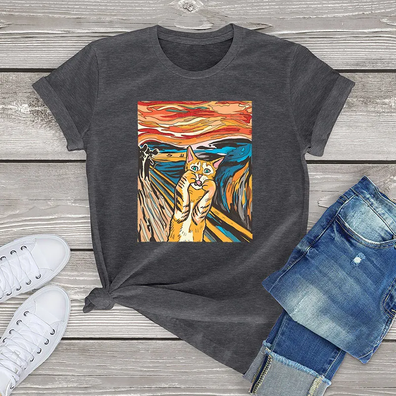 

The Scream Cat Parody Cat Lover Tee Girl 90s Kawaii Clothes 100% Cotton Unisex Cartoon T Shirt Female Fashion Oversized T-Shirt