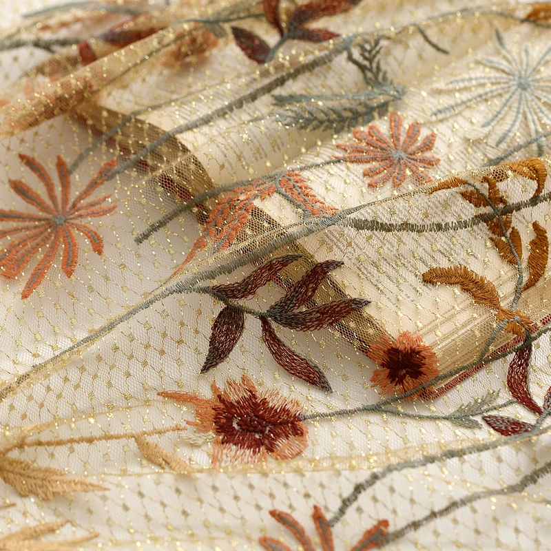 

Embroidery Lace Fabric Gold Silk Soft Gauze Lace Fabric For Clothing Garment Dress Material