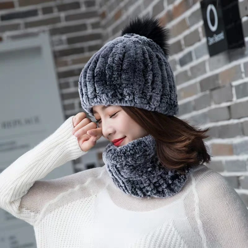 Женская меховая шапка модная зимняя из натурального меха кролика Рекс шарф в