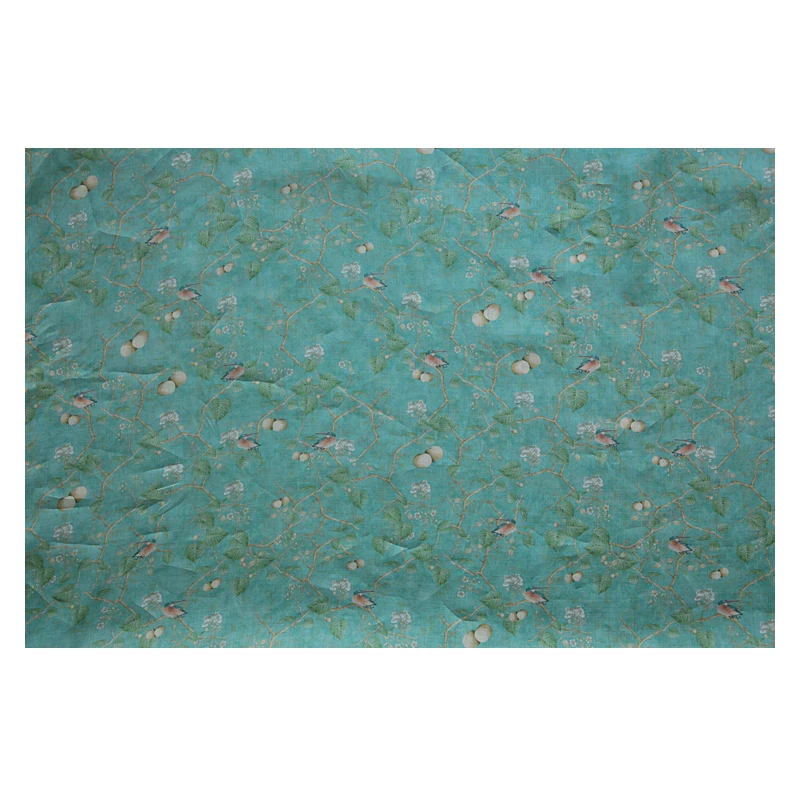 

Natural ramie tissu Green plants, flowers and birds fabrics Summer thin style dress robe fabric
