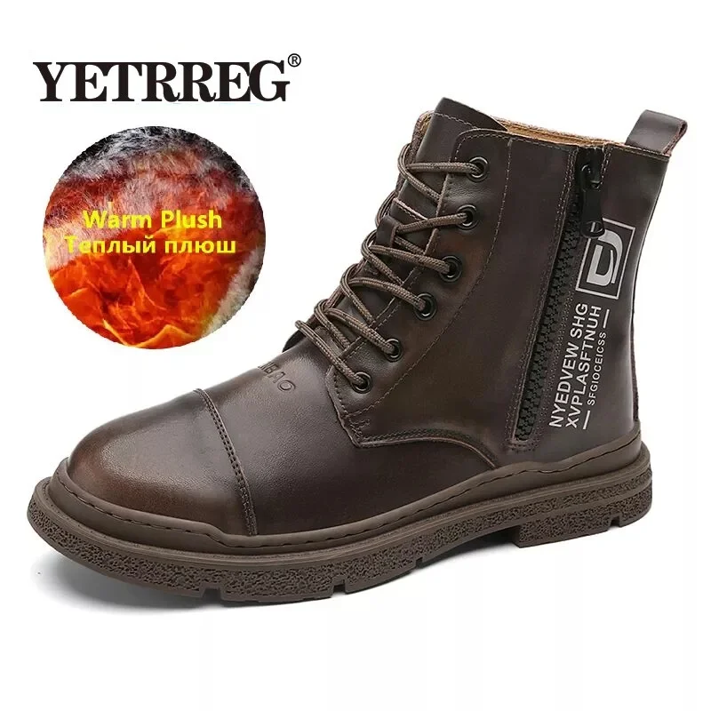 

Winter Genuine Leather Men's Boots Warm Plush Snow Boots Outdoor Waterproof Men's Martin Boots Fashion Zipper Motorcycle Boots