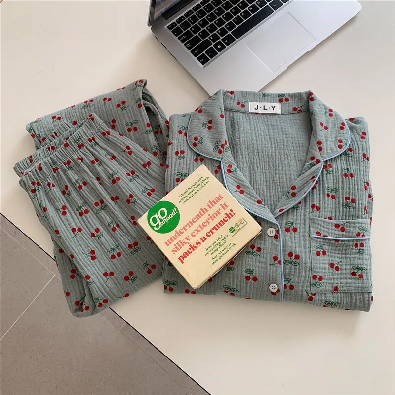 

cherry pajamas set women soft 100% cotton homewear clothes long sleeve blouse pants sleepwear 2 piece set cute home set Y383
