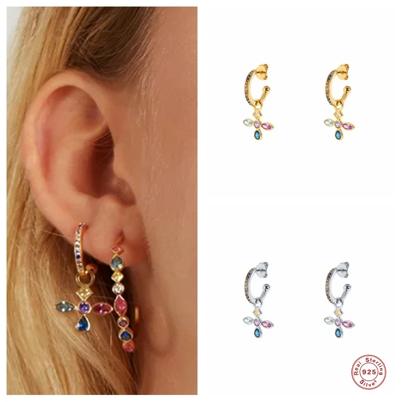 

BOAKO 925 Sterling Silver Colorful Zircon Cross Pendant Drop Earring C Shape Circle Rainbow Crystal Dangle Earring Women Jewelry