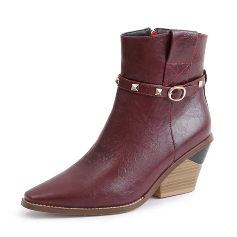Новинка 2019 года ковбойские Полусапоги женские ботинки на танкетке с острым