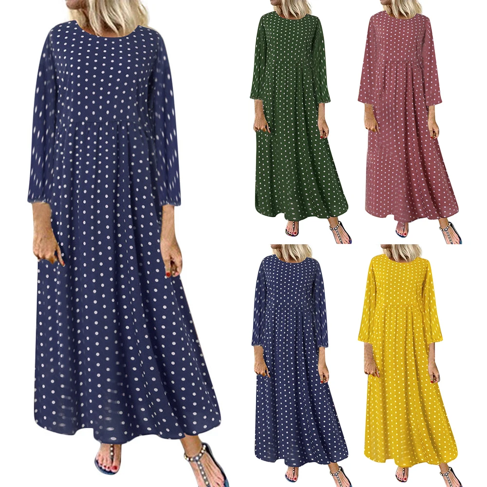 

Plus Size Casual Women Loose Polka Dot Long Sleeve Round Neck Kaftan Maxi Dress