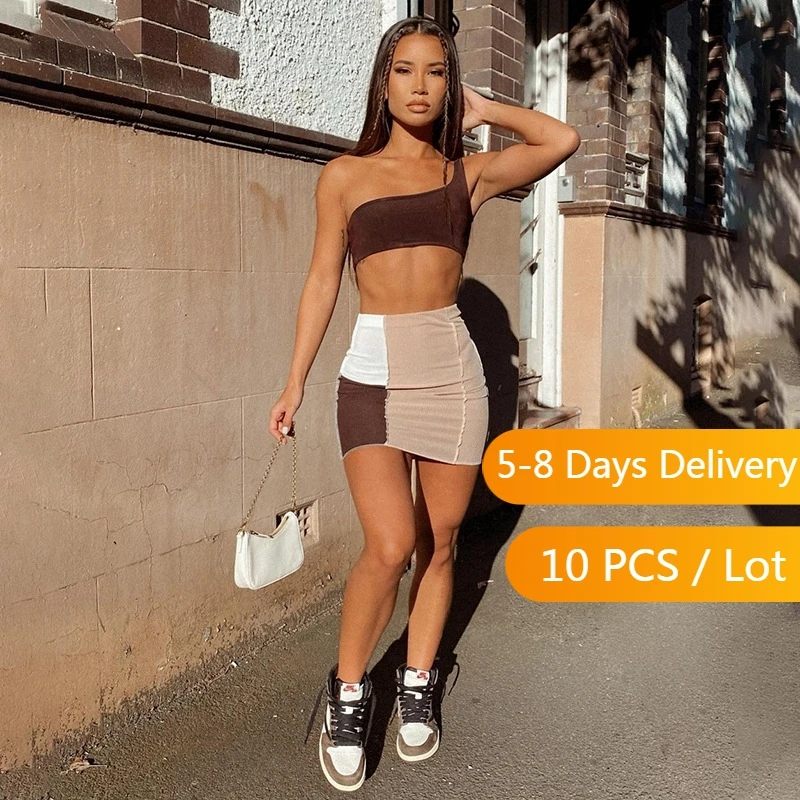 

Wholesale Items Summer Dress Sets Women Clothing Crop Top and Color Patchwork Mini Skirts Set Streetwear Bodycon Club Outfits