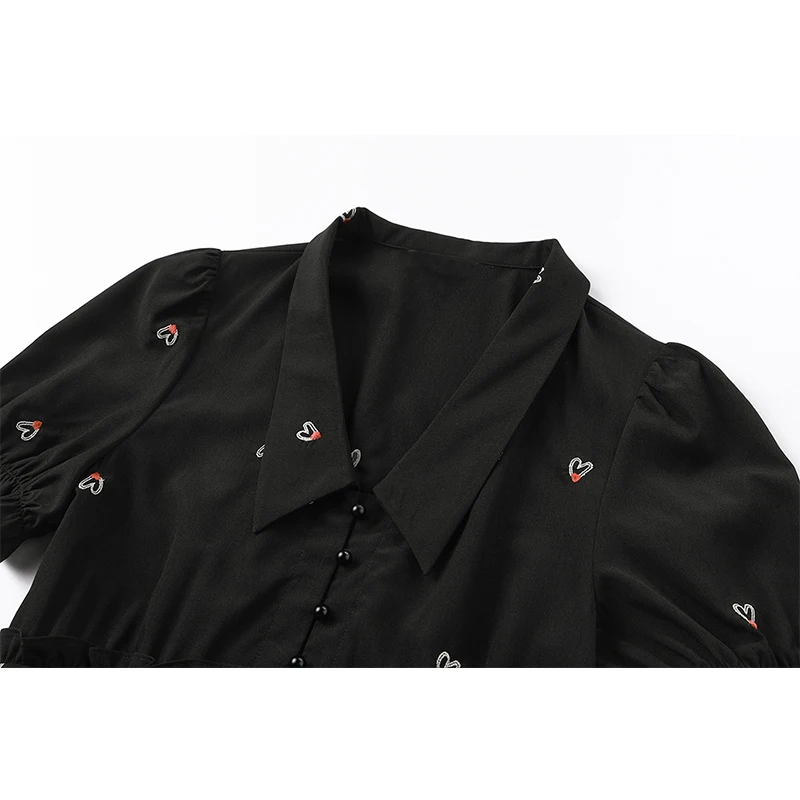 

Sister Fara Lace Up Embroidery Summer Women's Dress 2021 High Waist Puff Sleeve Loose Dress Solid A-LINE Casual Women's Dresses