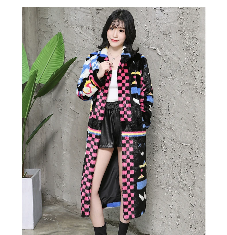 Nerazzurri Multi color women faux fur coat runway ladies long fur coats warm winter fashion designer brand luxury women clothing