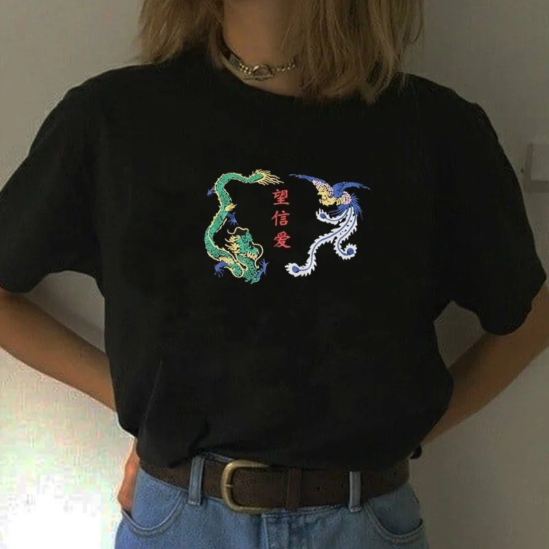 

VIP HJN Chinese Style Dragon and Phoenix Graphic Tee Personality Aesthetics Lucky Unisex Tee Harajuku Hipster