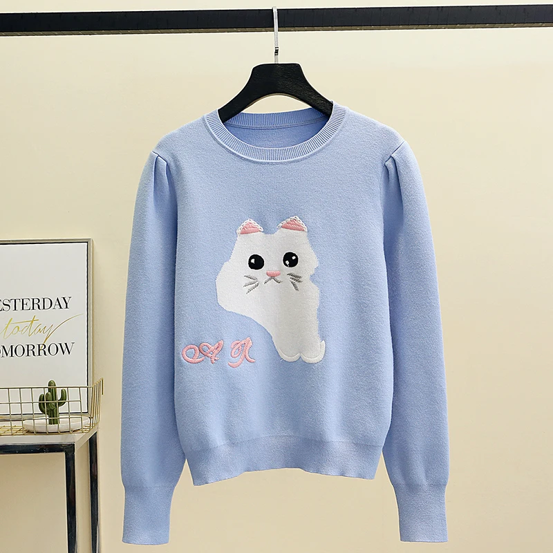 

Korean style cropped sweater long sleeves pullover thin knitwear cute cat blue sweaters top autumn winter pull femme jumper