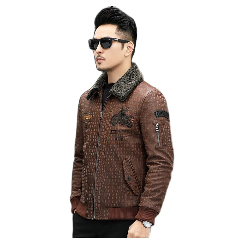 

winter new style sheepskin leather coat men's leather Lapel wool collar motorcycle style fur coat thickened and warm