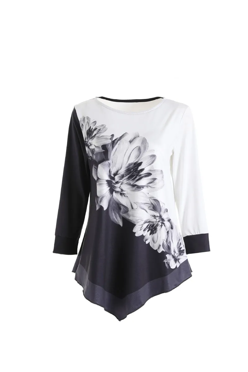 

Women Floral Print Fashion New Spring Shirts Irregular Hem Blouse Big Size Women Clothing Casual 3/4 Sleeve Shirt Oversize