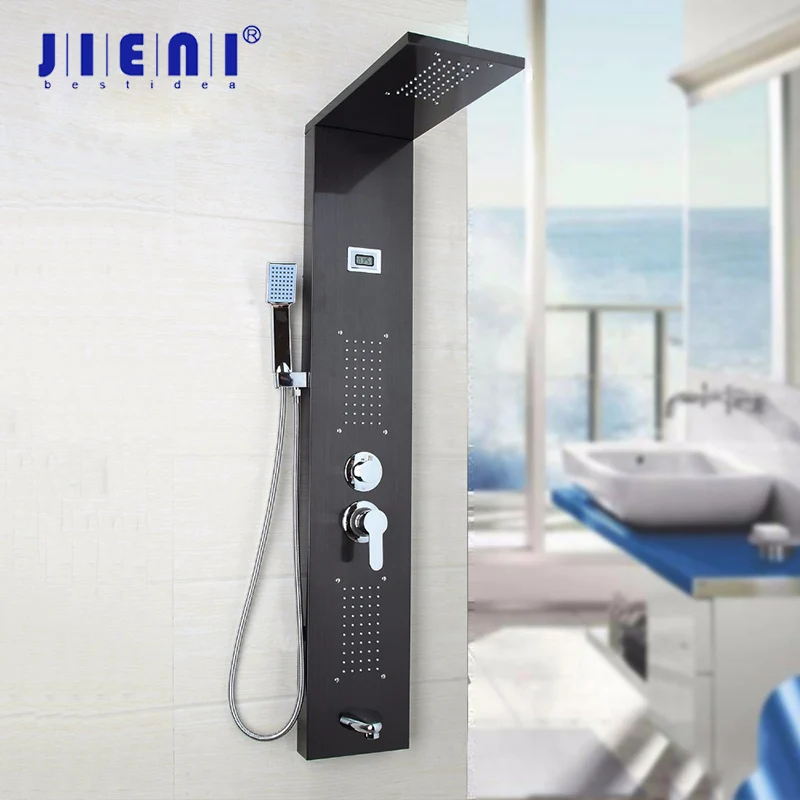安い ダークニッケルブラシシャワーカラム壁マウントハンドシャワー浴槽スパウトマッサージの高グレード浴室ダークグレーシャワーパネル