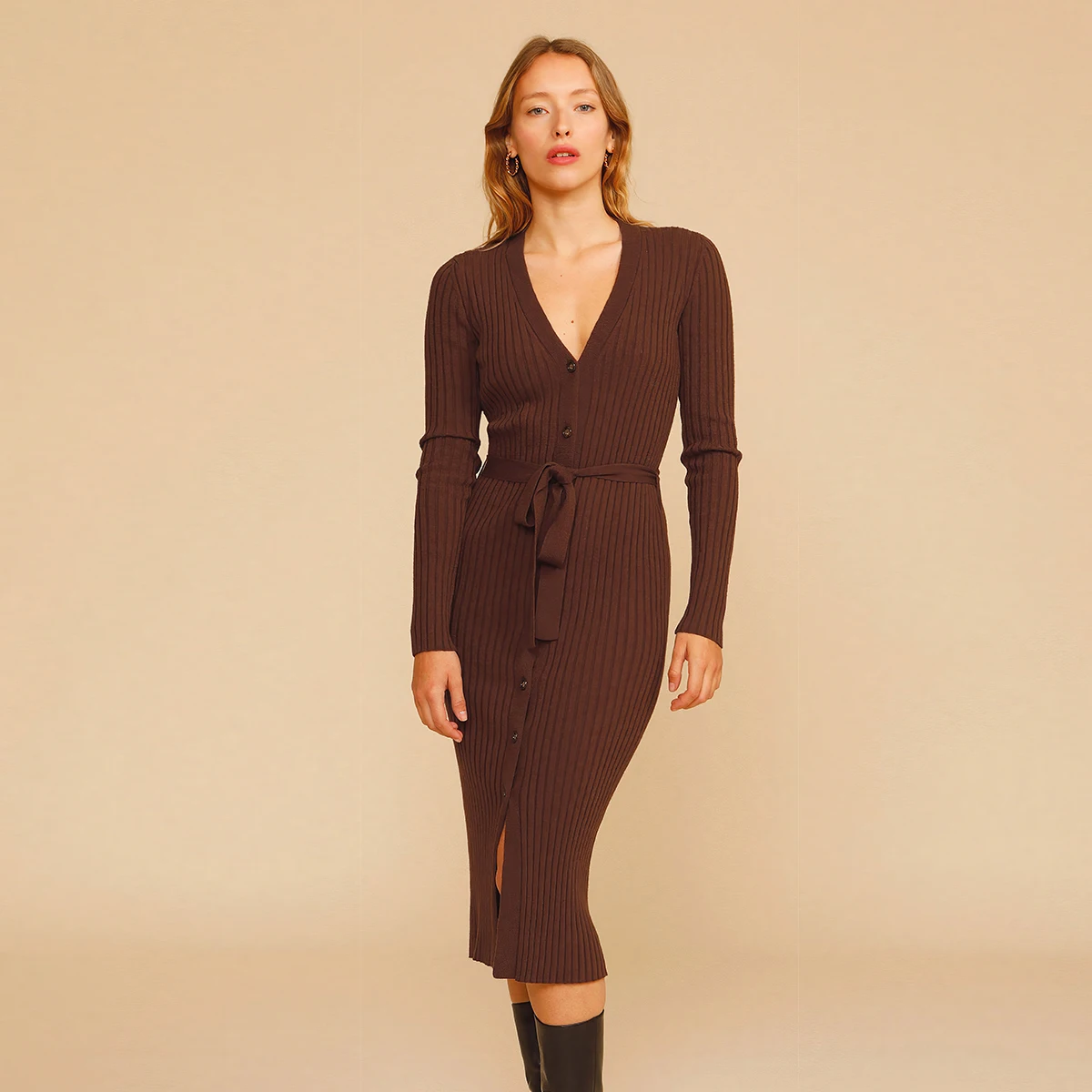 

Ribbed Knit Midi Dress Autumn Winter Long Sleeves V-neck Vintage Women Dresses 2022 Female Elegant Retro Chic Knitwear Robe