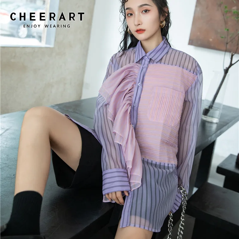 Женская блуза из органзы CHEERART Sakura розовая Блуза в полоску с оборками и длинными