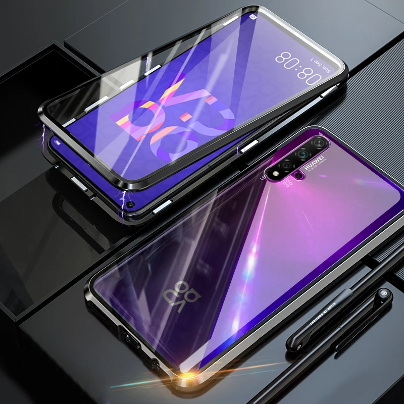 Металлический магнитный притягивающий стеклянный чехол для Huawei Nova 5t поглощающий