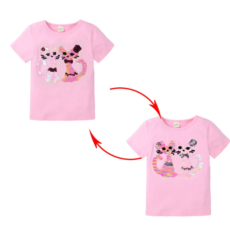 Летние футболки для девочек футболка с блестками меняющая цвет мультяшным котом