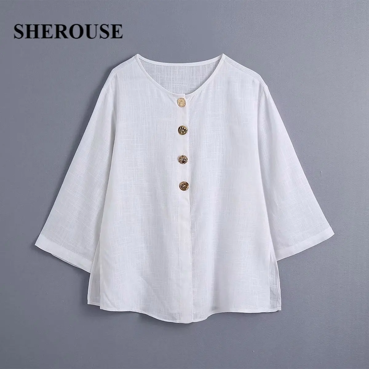 

2021 Fashion Women Solid Buttoned Side Slit Shirt O-Neck Three Quarter Sleeve Vintage Female Blouuse Chic Tops Woman haut femme