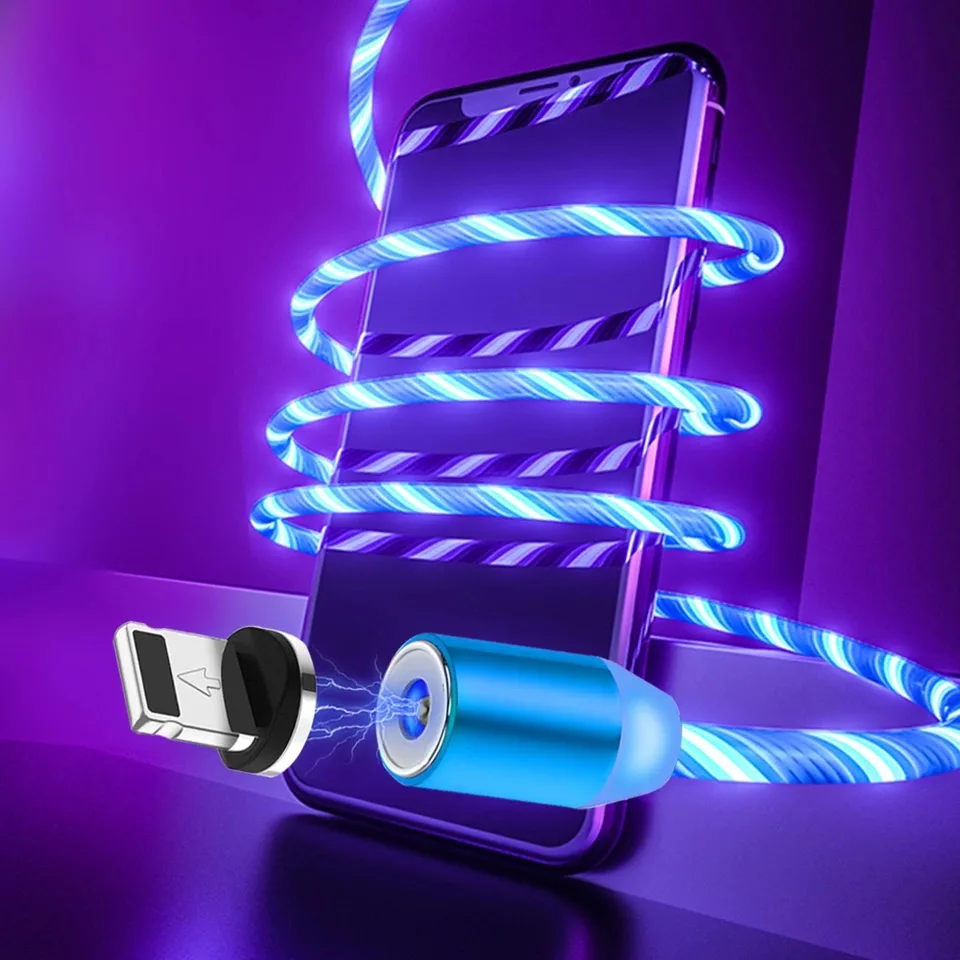 Светодиодный светящийся бегущий Магнитный USB-кабель Micro USB Тип C кабель для