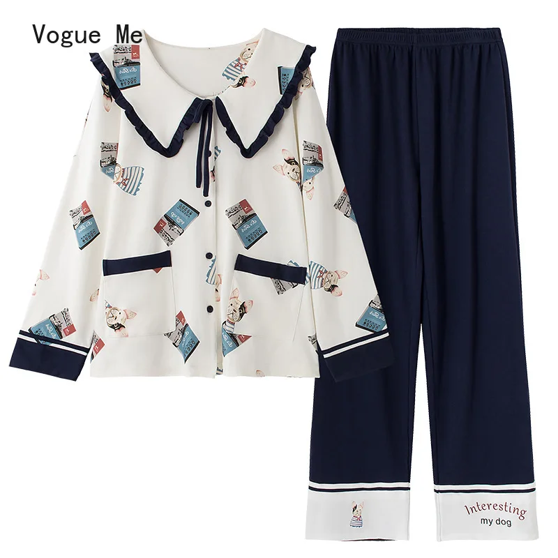

Spring and Autumn Cotton Long Sleeve Long Pants Sailor Collar Pajamas Women's Cute Two-Piece Pajamas Bath Clothes Home Clothes