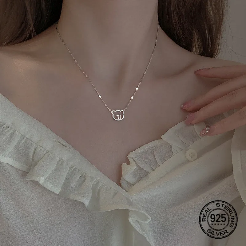 

925 Silver Bear Letter Pendant Necklace For Women Zircon Cute Animal Charm Girl Birthday Gift Lady Simple Fashion Blazed Jewelry