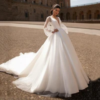 princess wedding dresses detachable train removable skirt long sleeves vintage satin bridal gowns v neck backless plain ivory