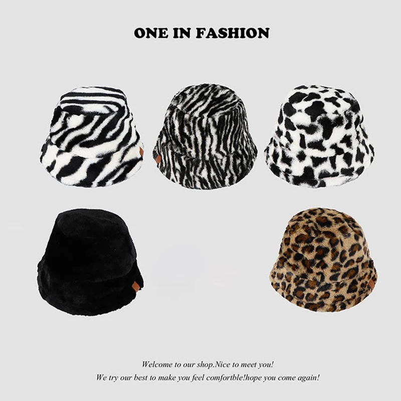 Fashionable zebra print leopard print plush retro animal hat autumn and winter thick warm hat Korean female wild basin hat 2021