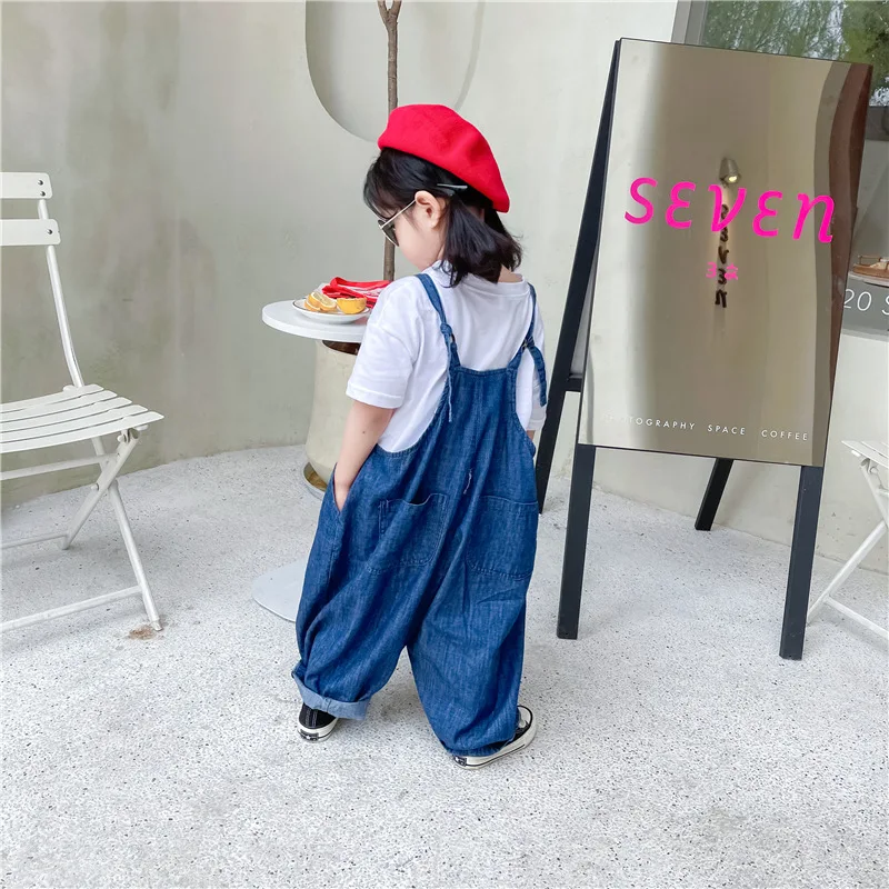 

21 Kids jumpsuit solid blue denim clothing loose design cute boys girls jumpsuits 80-130