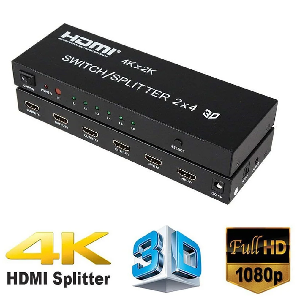 4K HDMI 2 в 4 выхода 2,0 HDMI переключатель сплиттер 2x4 SPDIF 3,5 мм аудио экстрактор конвертер адаптер дистанционное управление 3D 1080p DTS AC3