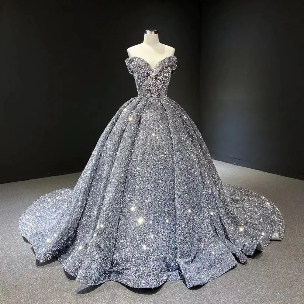 

DD JYOY Sparkly Sequined Ball Gown Evening Dress Long Train Elegant Sweetheart Neck Lace Up Back Long Formal Women Evening Gown