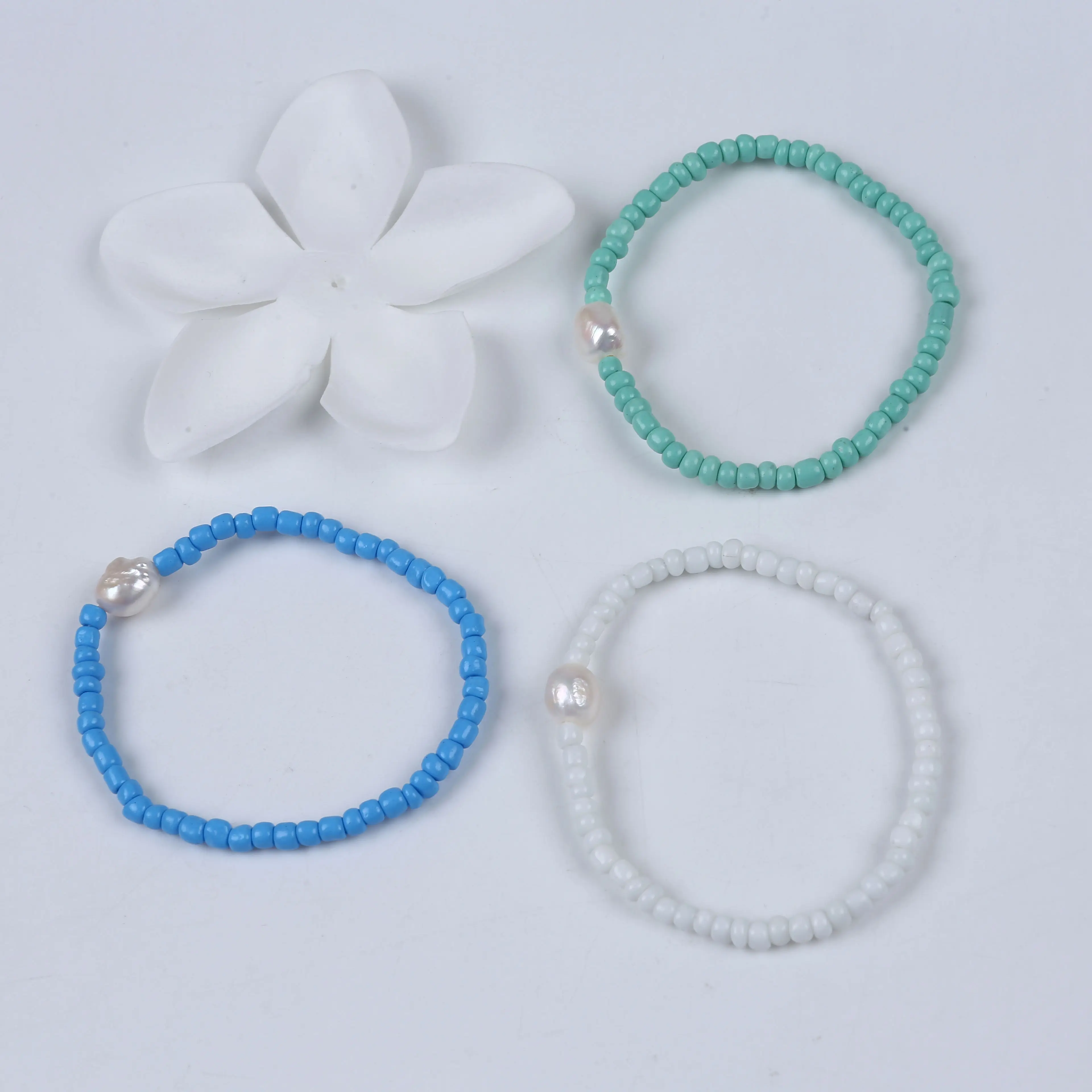 

handcrafted bracelet glass beads 19cm length for sale blue color three rows freshwater pearl bracelets